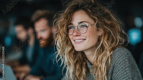 A woman with glasses smiles, soft focus on colleagues, natural light