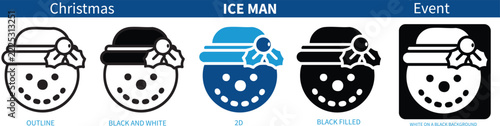 Christmas Snowman Ice Man Icon Set in Outline Solid and Flat Styles Vector Illustration on a transparent background 