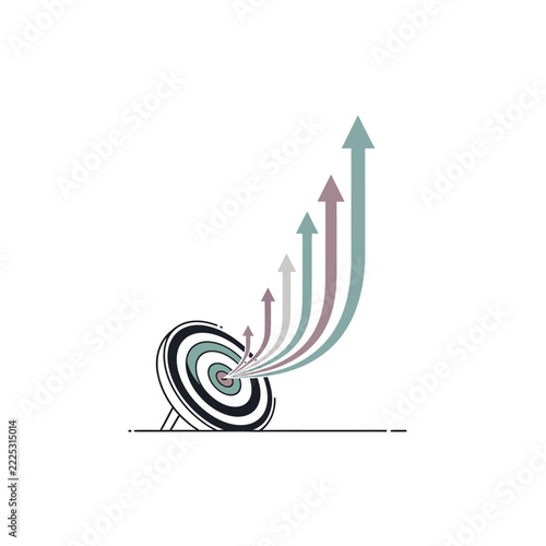 Target bullseye with multiple upward curving arrows showing business success