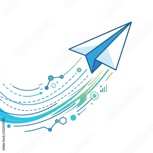 Paper airplane launching with digital business analytics and growth lines