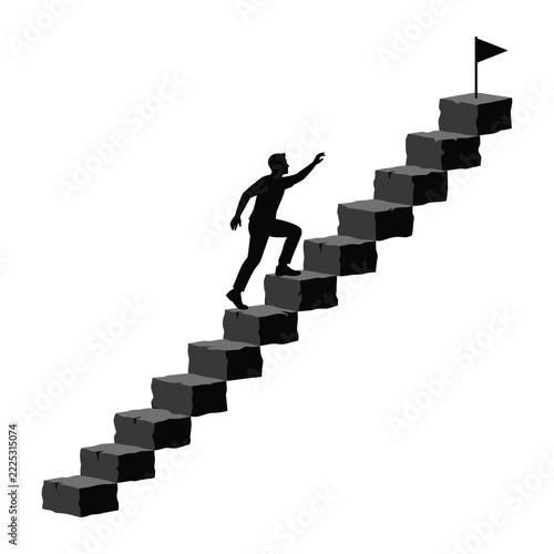 Silhouette of a person walking up stairs to reach a flag at the top