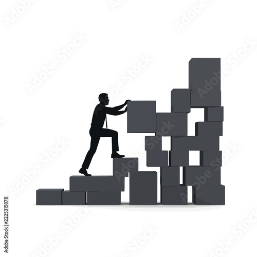 Businessman silhouette building a structure with heavy gray blocks