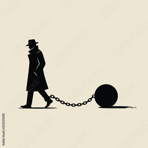 Silhouette of a man walking in a coat tethered to heavy iron ball and chain