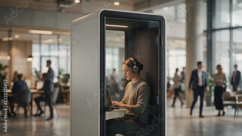 Woman Working in Office Phone Booth