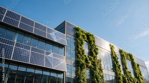 Eco-Friendly Building with Solar Panels and Vertical Garden