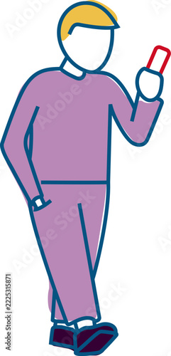Person Walking While Using Smartphone with Hand in Pocket Flat Vector Illustration