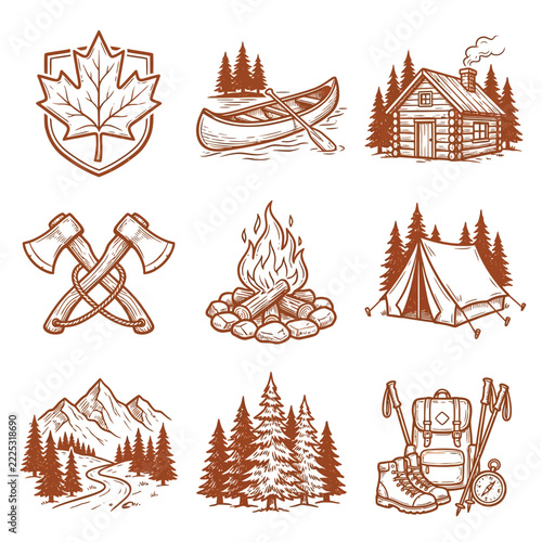 Set of adventure and outdoor camping hand drawn icons with maple leaf
