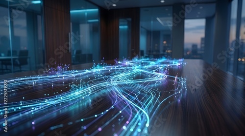 Digital Network Data Streams Flowing Across Modern Office Floor