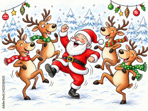 A cheerful cartoon Santa Claus dances in the snow with four anthropomorphic reindeer