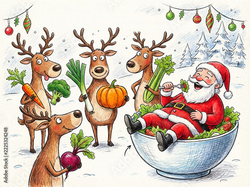 A whimsical hand-drawn winter scene shows four cartoon reindeer gathered around Santa Claus, who reclines in a large blue bowl filled with leafy vegetables.