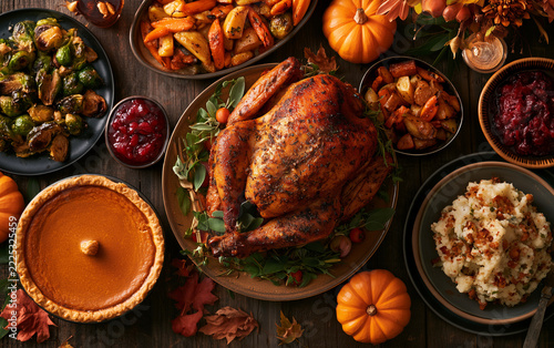 Thanksgiving dinner with roasted turkey pie mashed potatoes and roasted vegetables autumnal theme.