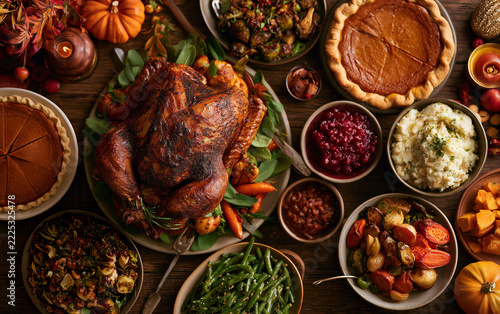 Thanksgiving dinner with roasted turkey pie mashed potatoes green beans and roasted vegetables.