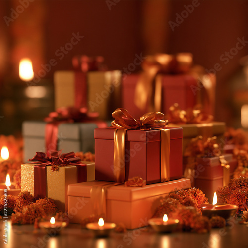 Festive holiday gift boxes with golden ribbons arranged with warm candlelight and flowers for traditional celebration events.