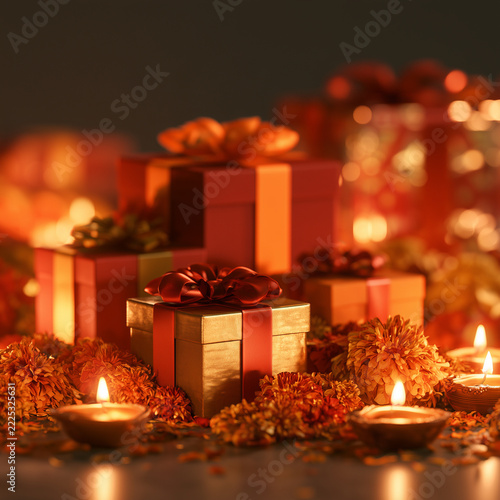 Gold wrapped holiday gift boxes nestled among vibrant marigold flowers and flickering clay oil lamps celebrate festive season.