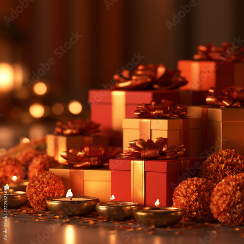 Traditional clay diya lamps glowing warmly alongside luxury gift boxes and marigold petals create peaceful festive atmosphere.