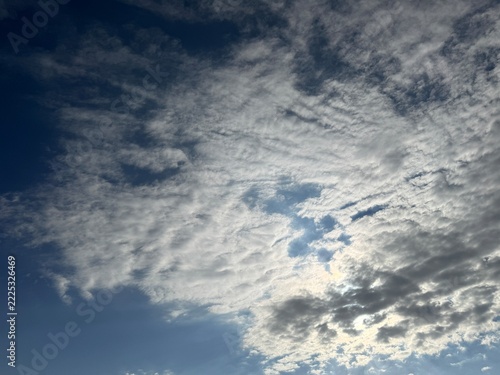 Photography Blue sky with textured scattered white and gray clouds