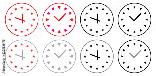 Set of creative clock faces with star and heart markers vector illustration