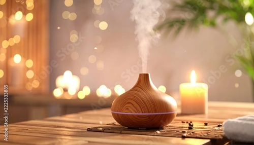 Aromatherapy Diffuser Creates Relaxing Ambiance with Candlelight and Soft Lighting.