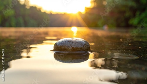 Zen Stone Floating on Water at Sunset - A Moment of Tranquility.