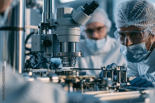 Scientists wearing protective gear and face masks operating high tech laboratory machinery