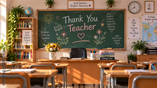 Empty classroom with 'Thank You Teacher' chalk message on blackboard, morning light.