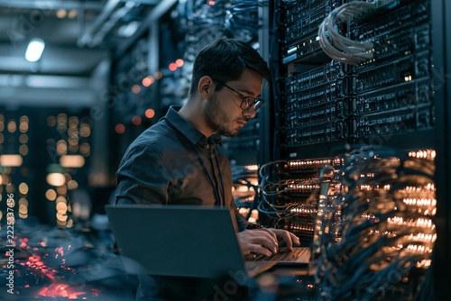 Systems engineer working with laptop computer in modern server room database facility