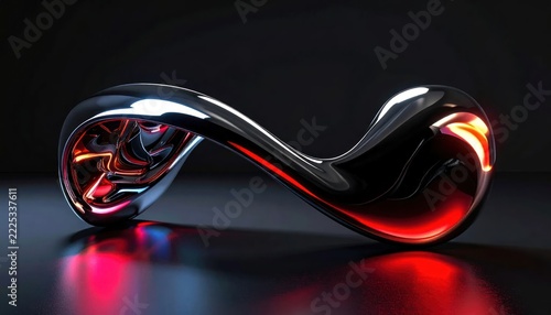 Abstract fluid chrome sculpture with glowing red internal light