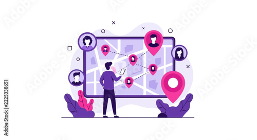 Digital Map Tracking and Global Social Network Connection Illustration