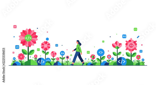 Woman Walking Through Digital Garden of Coding Flowers Illustration
