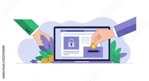 Secure Online Payment and Digital Banking Illustration with Laptop and Coins
