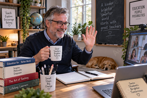 Online teacher waving during a video call lesson, home office setup, modern education concept.
