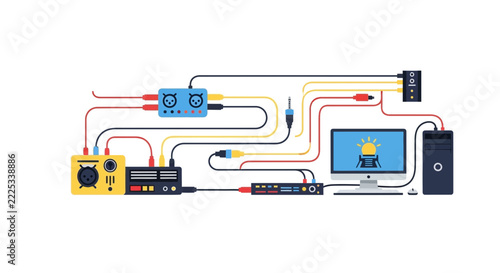 Complex Audio Technology Connectivity Vector Illustration with Computer and Interfaces