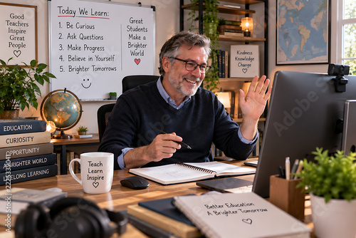 Online teacher waving during a video call lesson, home office setup, modern education concept.