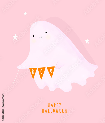 Pink Halloween Card With Cute Ghost. Hand drawn vector illustration of happy ghost with boo garland. Ideal for cards, invitations, stickers, and halloween content. All elements on separate layers.	