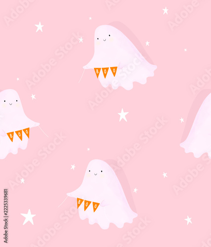Pink Halloween Vector Seamless Pattern With Cute Happy Ghosts.  Ideal for wrapping papers, textile, wallpaper, and halloween content. All elements on separate layers.