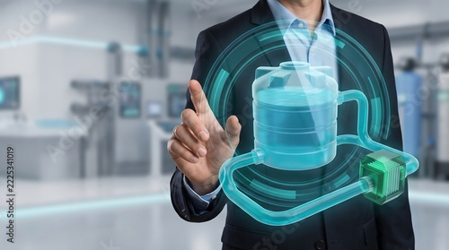 Businessman interacting digital water storage tank system interface with copy space layout