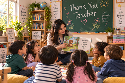 Teacher reading a storybook to a circle of young children, cozy classroom setting