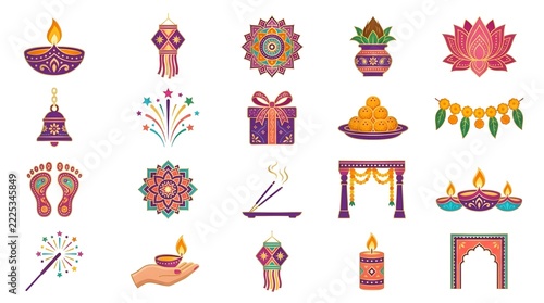 Diwali Decorative Vector Icon Set with Colorful Rangoli Mandalas, Lotus Flowers, Diyas and Paisley Borders