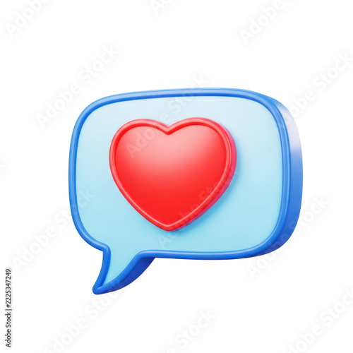 Red heart inside blue speech bubble, social media notification icon, love message symbol, digital communication element.