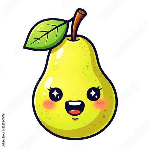 Cute kawaii pear cartoon with big eyes and smiling mouth, happy fruit character, healthy food mascot, vibrant illustration.
