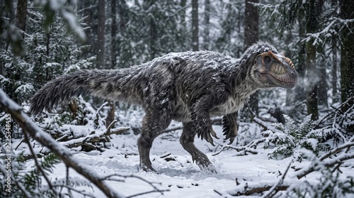 Feathered Yutyrannus huali dinosaur walking through a snowy coniferous forest, Early Cretaceous 3D paleoart.