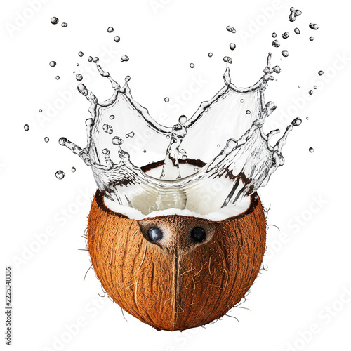 Brown coconut with clear water splashing over its surface, isolated on transparent background.