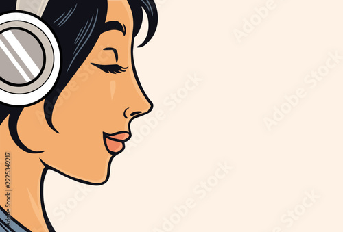 Woman Listening to Music with Headphones Vector Illustration with Copy Space