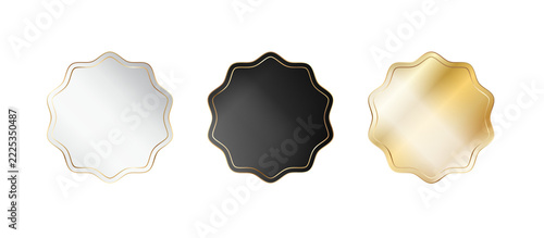 Luxury Starburst Wavy Sticker Badges Set In White, Black and Gold Palette Isolated on Transparent Background PNG Clip Art