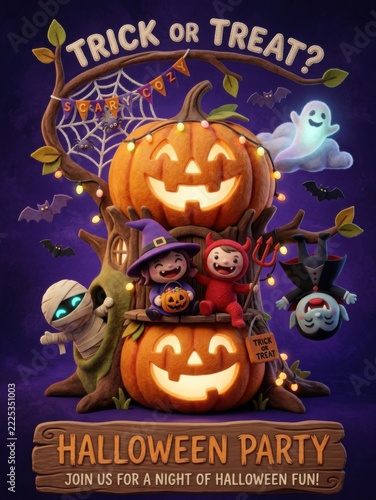 Cute Kids in Halloween Costumes with Pumpkins and Magic Tree Party Poster