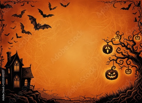 Halloween Background with Haunted House Bats and Glowing Jack o Lanterns