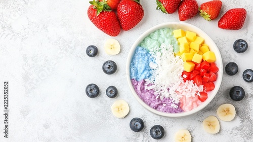 Colorful Assorted Fruit Salad in a White Bowl Surrounded by Berries on Marble Surface ? Top View