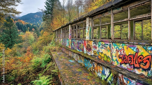 Colorful Graffiti Covered Concrete Bridge Walkway Overlooking a Vibrant Autumn Forest Valley
