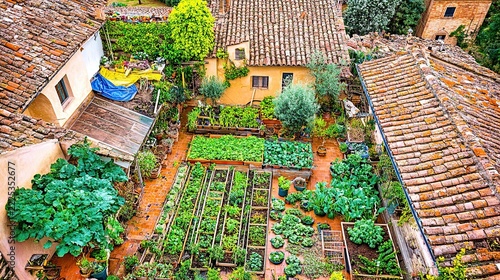 Colorful Mediterranean Village Courtyard Garden with Terracotta Roofs and Verdant Vegetable Plots