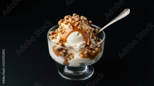 A glass bowl filled with vanilla ice cream topped with caramel sauce and crunchy walnuts.